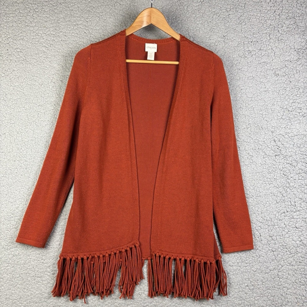 Chicos Womens Cardigan Size‎ 0 US S Rust Orange Open Front Fringe Hem Modern